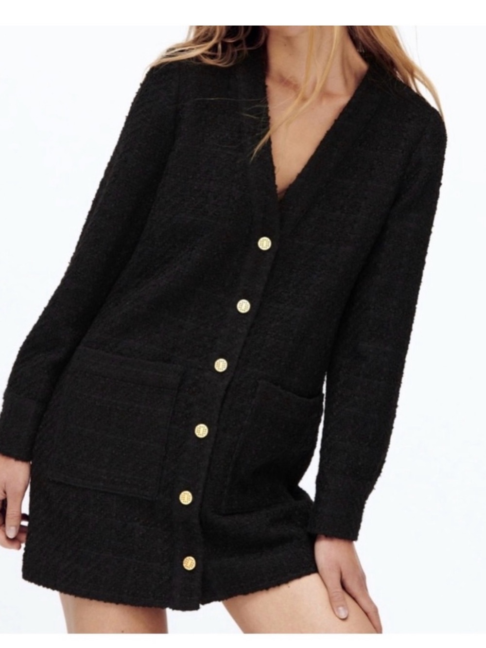 Zara Black Button-Front Bouclé Blazer Dress NWT medium
